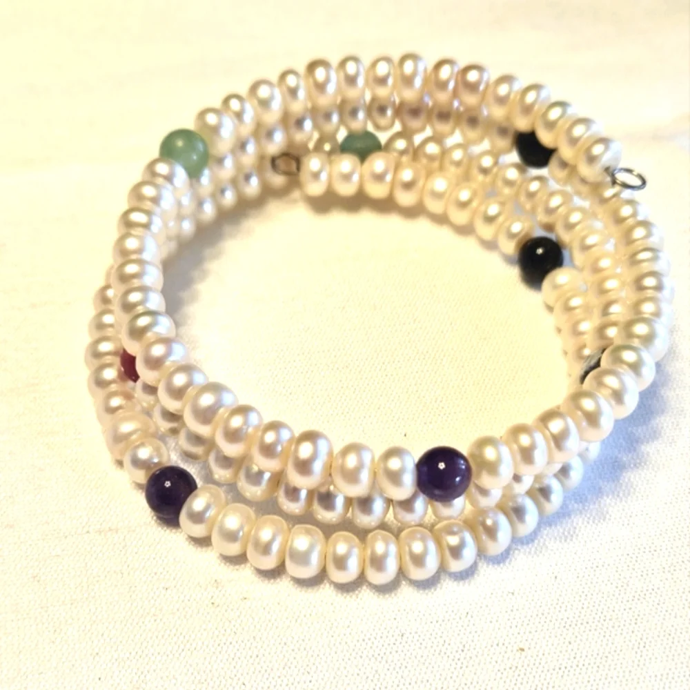 Button Pearl Colorful Gemstone Bangle Wrap Bracelet